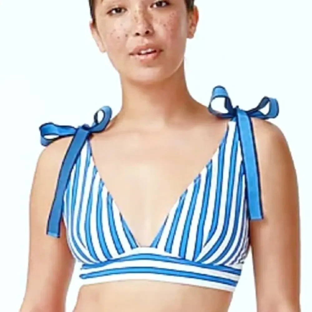 J Crew Blue White Cabana Stripe Tie Bikini Top XXL Preppy Summer Beach Cruise
